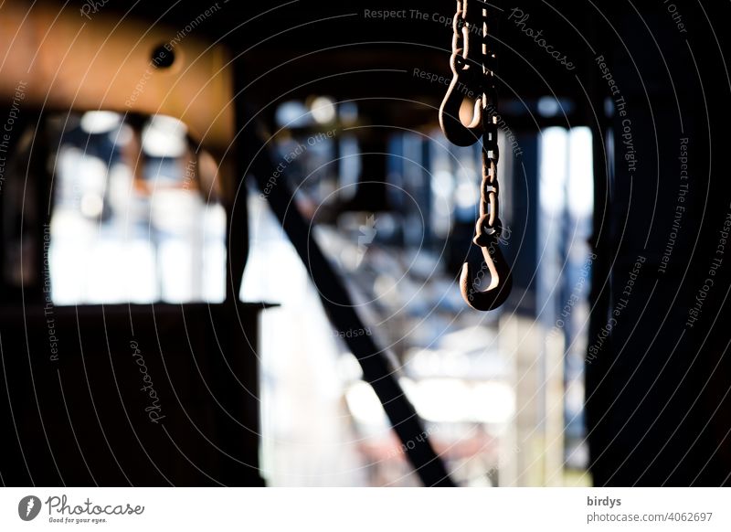 Steel mill, steel extraction, heavy duty chains with hooks in a colliery. weak depth of field. Industrial flair Steel factory Heavy industry Checkmark