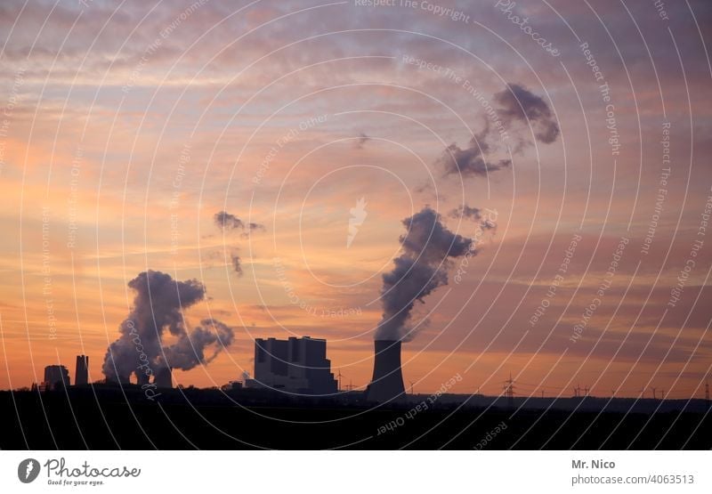 Power station at dusk cooling tower Environmental pollution Coal power station Industrial plant Climate change Environmental protection Chimney CO2 emission