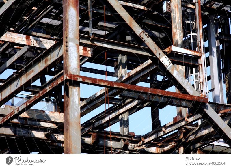 steel structure Steel construction Perspective Construction site Scaffold Metal Steel carrier Architecture metal construction Industrial heritage Steel factory