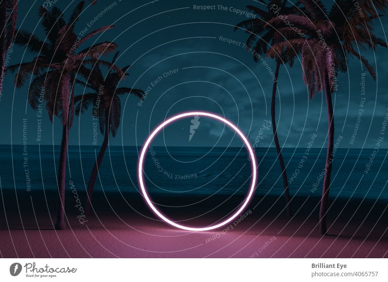 lighten circle shape on beach environment and palm avenue 3d rendering abstract background beachfront beautiful blue bright coast copy space decoration