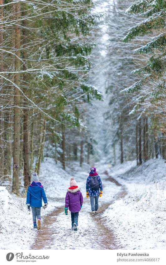 Mother and children enjoying a walk through the woodland together in winter outdoors family kids adventure active tourist girl female woman activity person