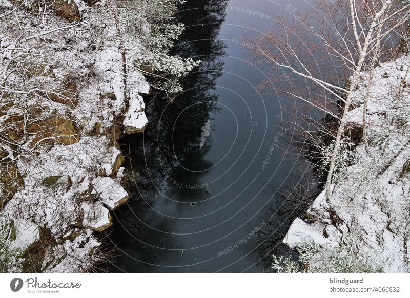 View from a bridge Winter Bird's-eye view River Water Snow Rock cliffs stones Cold Ice Nature Landscape Colour photo Deserted Frost Frozen Lake Day Freeze White