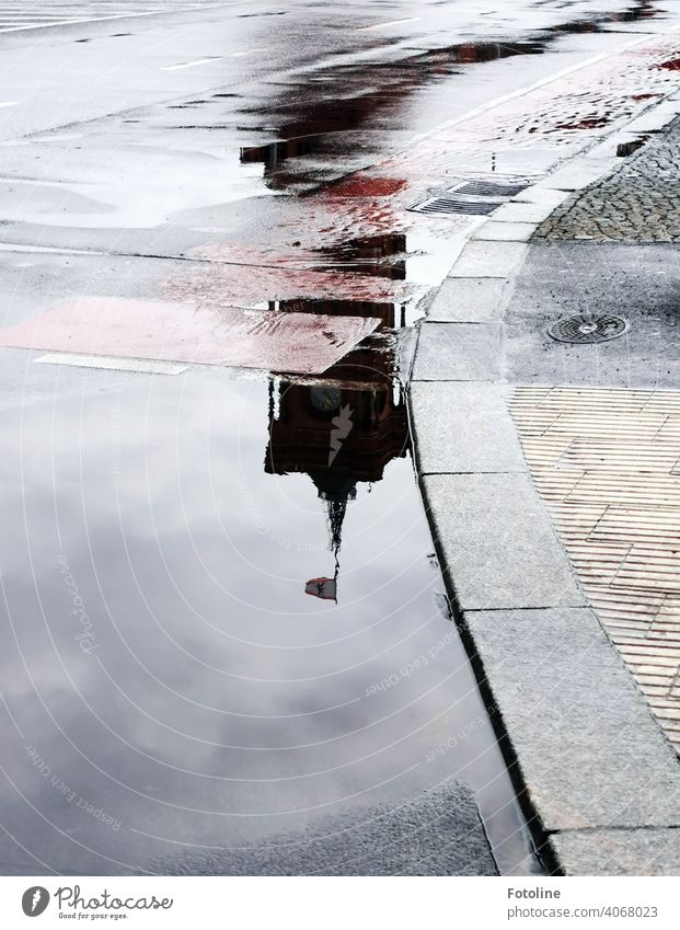 Berlin's Puddles II - Red City Hall Water Reflection Wet Exterior shot Deserted Colour photo Street Weather Bad weather Rain Day Traffic infrastructure