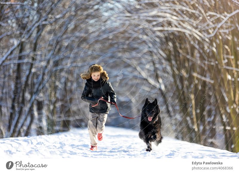 Little boy enjoying winter with his dog black russian activity active adventure day male companion care outdoors forest beauty frost nature tree portrait