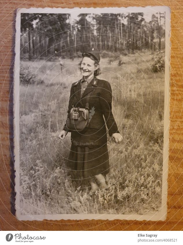 old photography - train conductor Analog Black & white photo Exterior shot Woman in uniform Analogue photo Nature Plant Architecture Woman alone