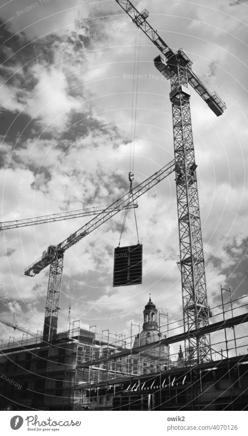 site supervision Construction crane Scaffolding Work and employment Responsibility Tall Dependability Exterior shot Deserted Diligent Copy Space left Contrast