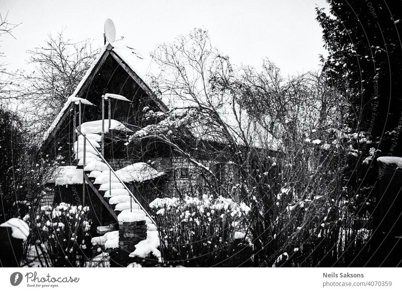 slippery stairway house House (Residential Structure) Stairs Roof Snow Architecture Winter Exterior shot Cold Window Deserted Sky Frost Building Ice Day White