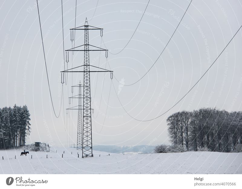 Electricity pylons in winter landscape Power poles Energy Energy industry High voltage power line Cable Transmission lines Industry Environment Winter Snow