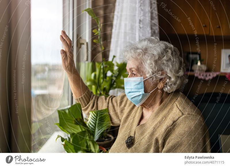 Senior woman with face mask looking out of window at home covid lockdown coronavirus quarantine looking through window social distancing glass vulnerable