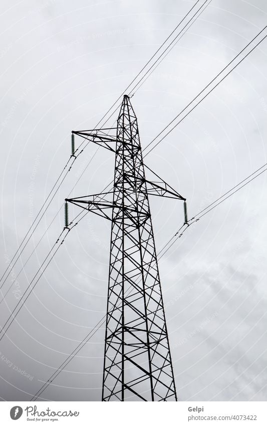 High-voltage tower electricity cable line energy structure industry industrial supply grid wire electrical pylon technology transmission power high sky