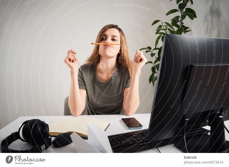 Woman procrastinate at home workplace. Remote work and home office problem freelance online woman lazy business workspace computer organization creative