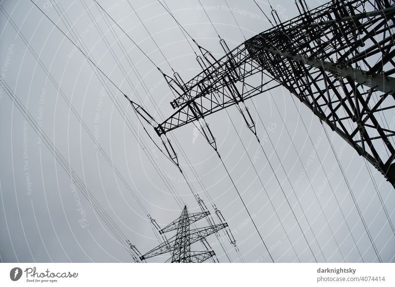 Transport of electrical energy by cables on several masts Cable Clouds Colour photo Transmission lines Technology High voltage power line cantilever