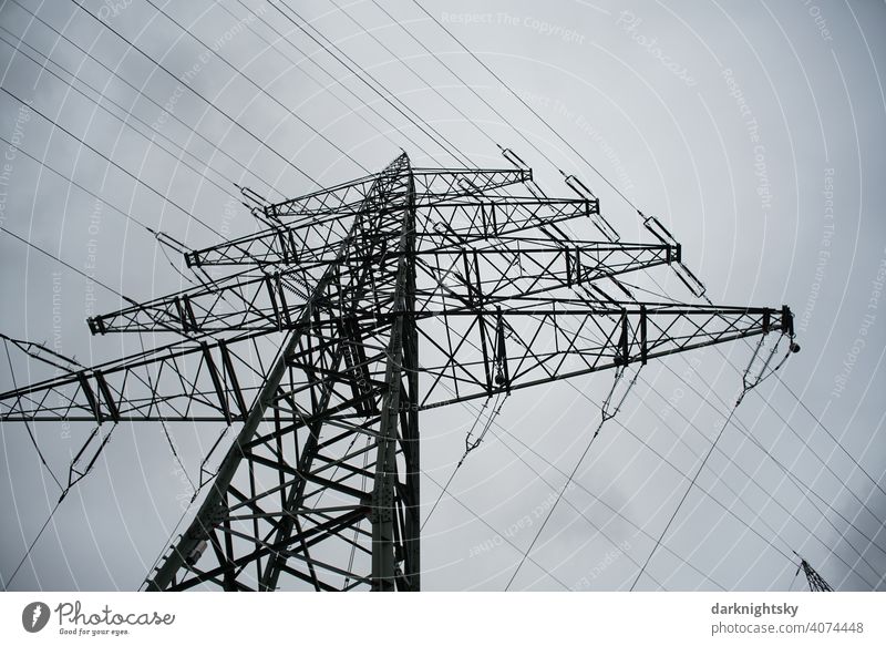 Transport of electrical energy by cables on a mast Cable Clouds Colour photo Transmission lines Technology High voltage power line cantilever trussed girders