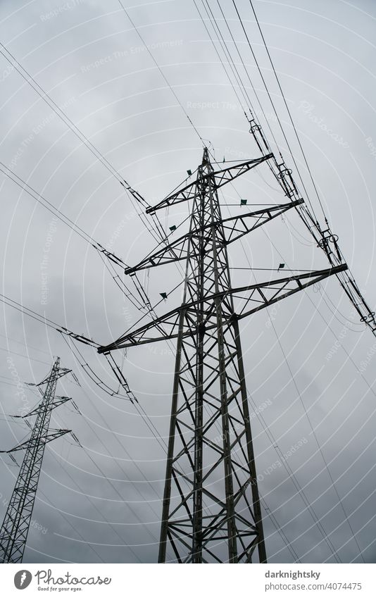 Transport of electrical energy by cables on several high masts Cable Clouds Colour photo Transmission lines Technology High voltage power line cantilever