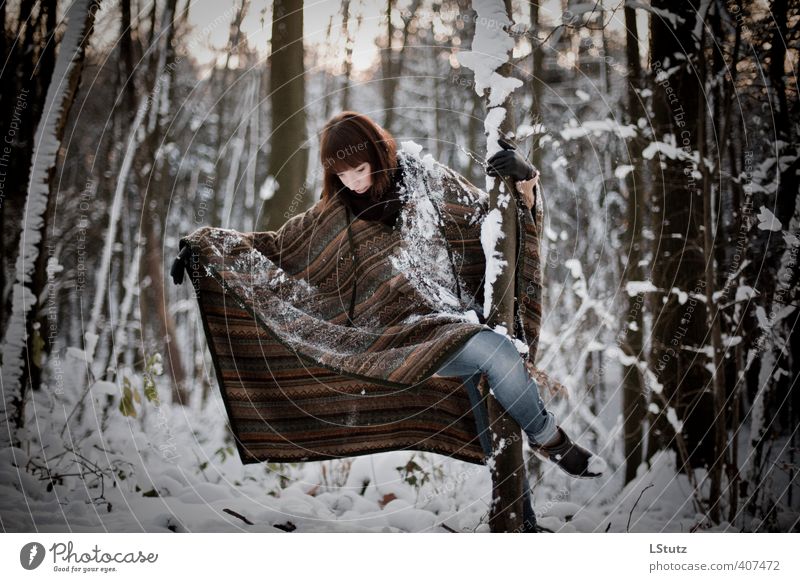 daughter . in the woods / 03 Feminine Young woman Youth (Young adults) Woman Adults 1 Human being 18 - 30 years Nature Winter Snow Forest Jeans Cape Brunette