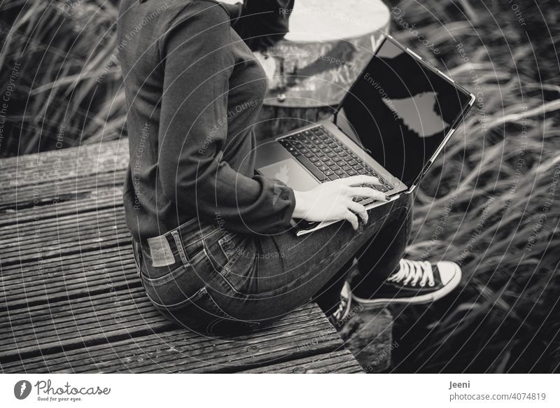 Young woman working outside (regardless of location) on a wooden walkway in the fresh air on a laptop / PC Computer labour Workplace Business Internet Lifestyle