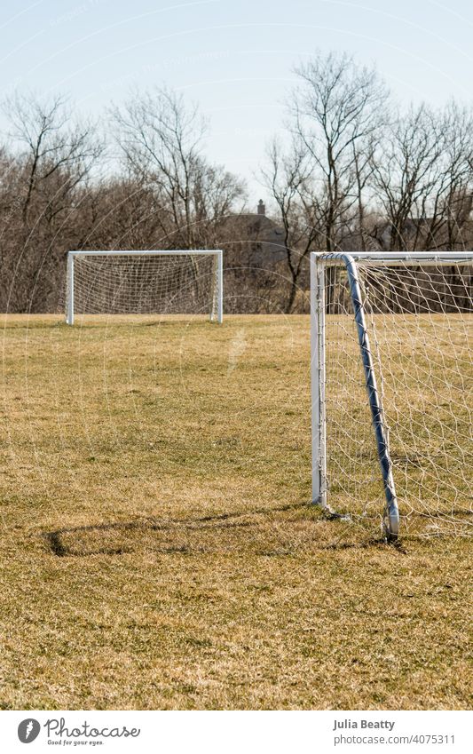 Worn soccer goals in a school field in the spring; bare trees and yellow grass football net sport green game playground gym class physical education p.e.