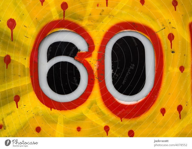 60 colourfully designed Digits and numbers Metal Signs and labeling Typography Decoration Graffiti Low-cut Detail Bordered points Yellow Red Spray House number