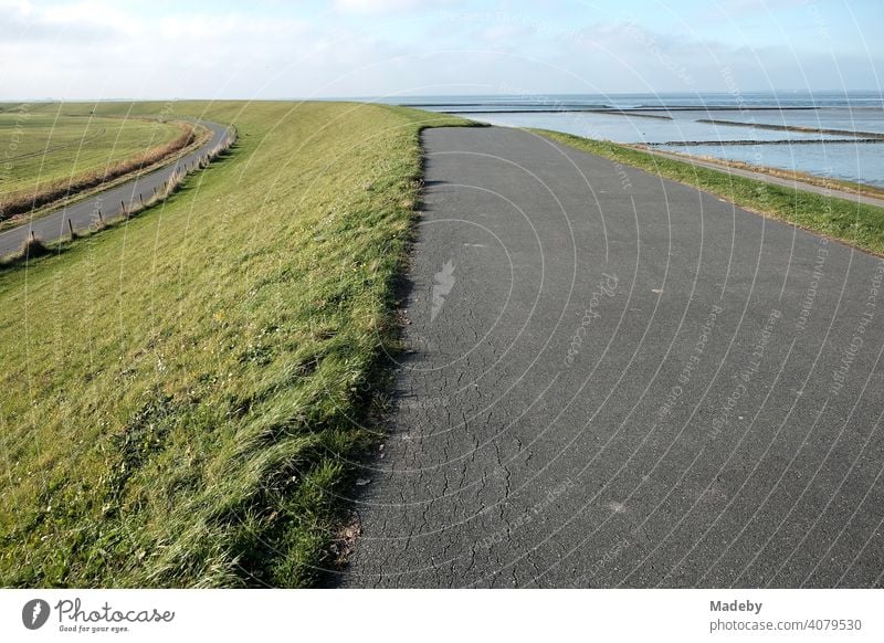 Asphalted paths on and beside the green dyke in autumn sunshine in Bensersiel near Esens on the coast of the North Sea in East Frisia in Lower Saxony Street off