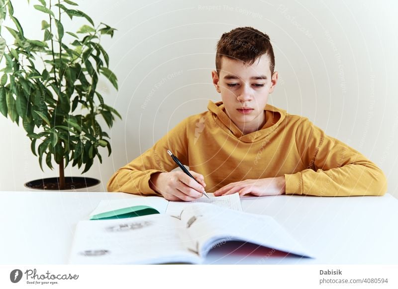 Teenage boy write homework at home. Education concept school writing studying education book person student people childhood caucasian desk young learning