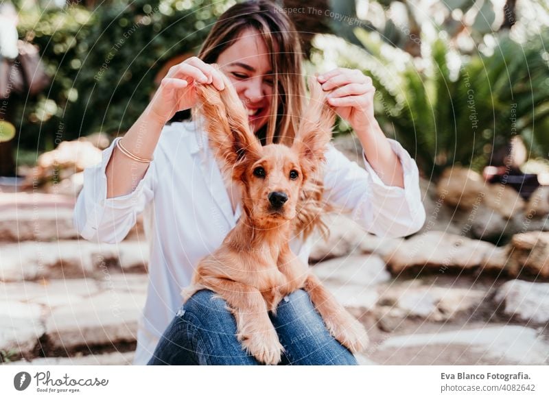 young woman and her cute puppy of cocker spaniel outdoors. Funny dog big ears funny pet park sunny love hug smile back view kiss breed purebred beautiful blonde
