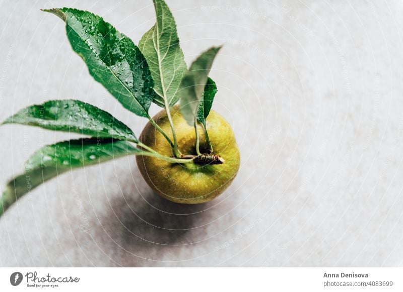 One ripe yellow apple fruit with green leaf isolated on white