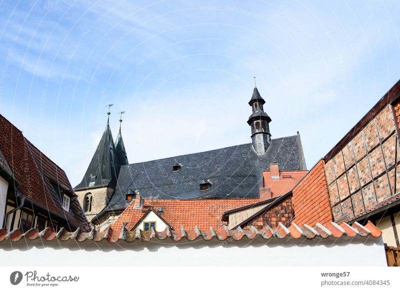 Roof and west tower of the church St. Blasii in Quedlinburg Church Church spire West Tower Kulturkiche sacral building Twin helmets Architecture