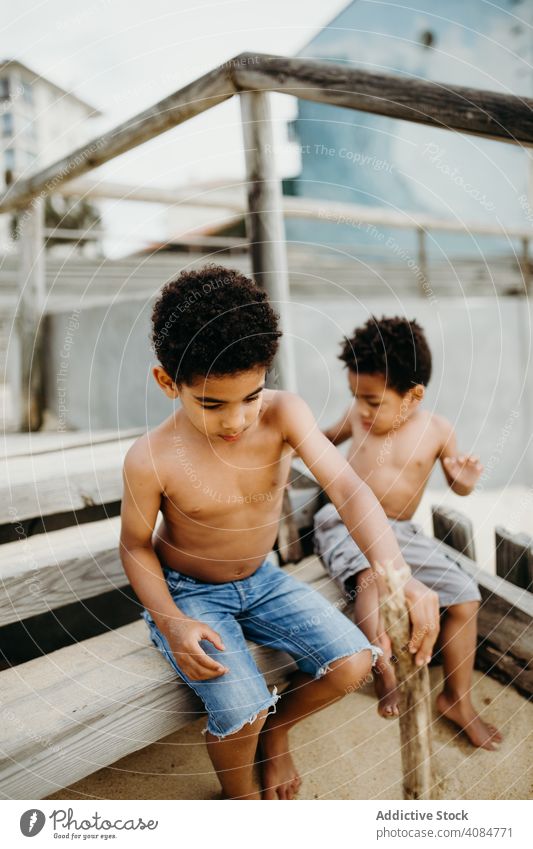 Black boys playing on beach brothers sea sticks fun together summer water shirtless barefoot kids children siblings game happy weekend lifestyle leisure shore