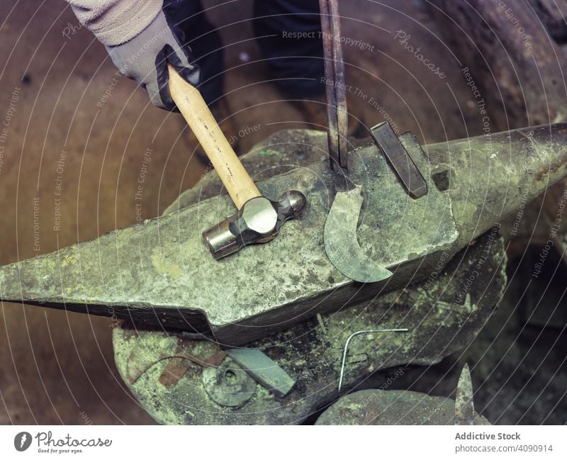 Blacksmith holding metal on anvil in traditional smithy blacksmith forge hammer equipment tools workshop craft farrier skill heavy metalwork handwork worker