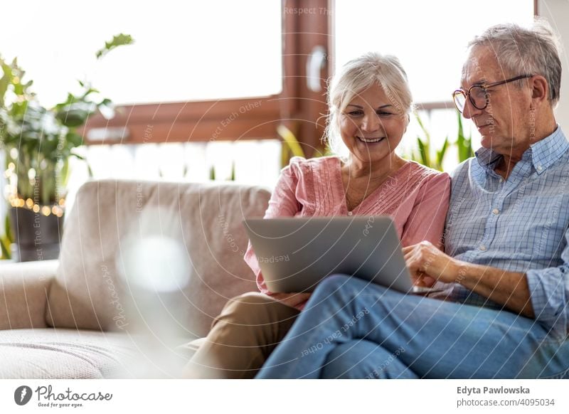 Mature couple using a laptop while relaxing at home people woman adult senior mature casual attractive female smiling happy Caucasian toothy enjoying two people