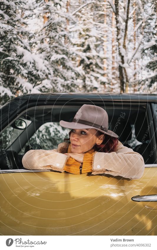 Girl with hat in car Hat girl forest Winter Weather Fashion portrait cold boho boho style Scarf White Beautiful people woman female fashion nature pretty