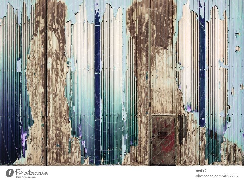 Striped wallpaper Corrugated iron wall Warehouse Metal Colour Flake off defective Dye Glittering door Deserted Old Exterior shot Colour photo Detail Day