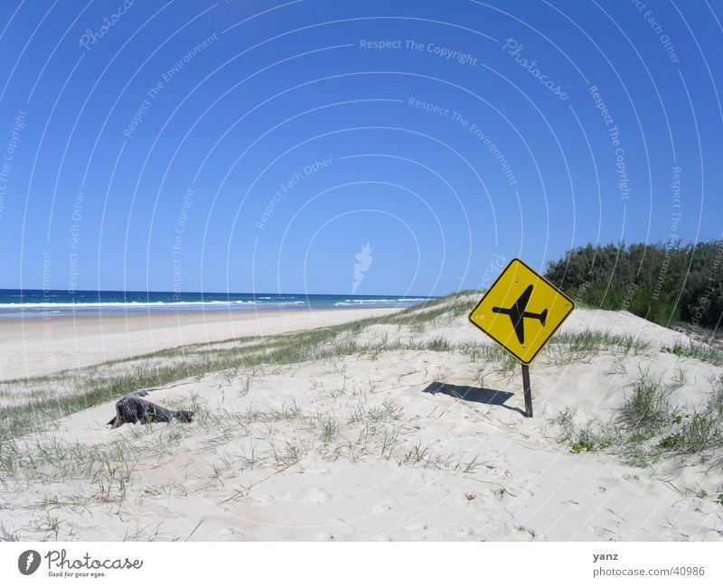 Runway Fraser Island Beach Airplane Australia Yellow Signs and labeling Sand Sky Blue