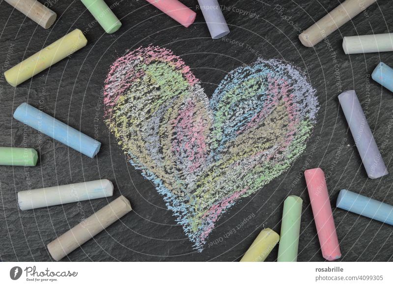 drawn & painted | colorful chalk heart with street chalk on black slate plate Street art Colour conceptually Abstract Painting and drawing (object) Pattern