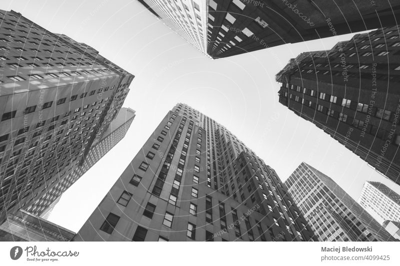 Looking up at Manhattan buildings, black and white picture, New York City, USA city business skyscraper office look up cityscape skyline NYC B&W travel new york