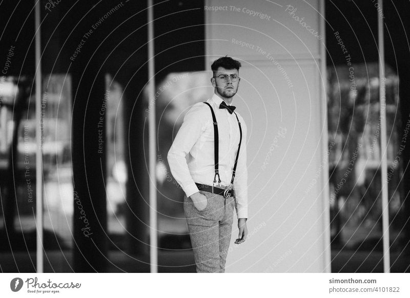 gentleman Clock successful Suspenders style Black and white photography Exterior shot Hip & trendy Modern Looking Model Street Business urban good-looking