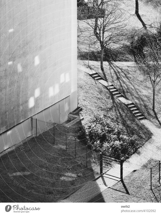 Staircase corner Bird's-eye view Sunlight Light (Natural Phenomenon) Reflection Day Morning Deserted Detail Exterior shot Private way Border Metalware Narrow