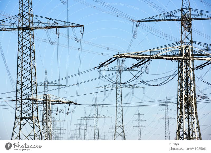 Power line, high voltage lines on high power pylons. Full-size power line Power lines Electricity current highway Power transmission power supply