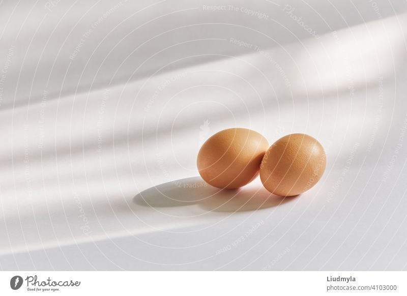 Two brown eggs on a white background in natural sun light shadows feathers two product prepared celebration cook lunch space greeting fresh fragile group