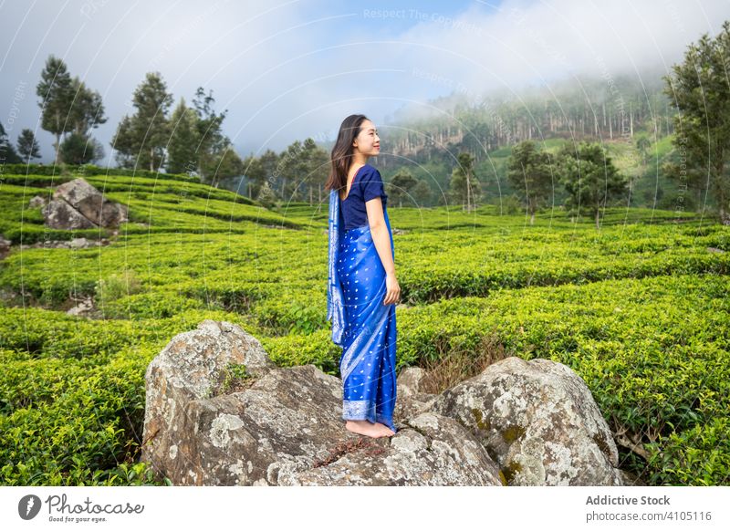Cheerful young ethnic woman enjoying tea fields in Sri Lanka rock travel landscape plantation valley sari nature agriculture female worker green tourism