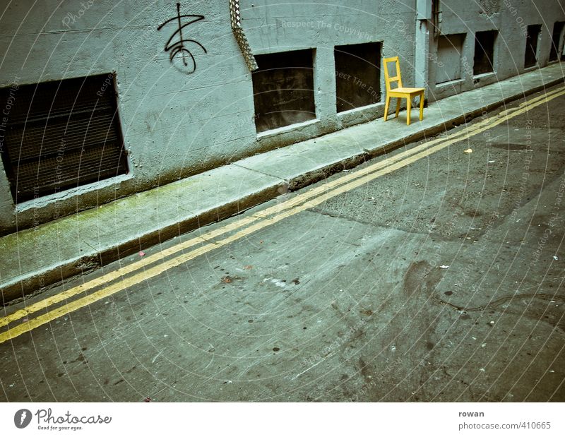 seating Transport Traffic infrastructure Road traffic Motoring Street Dark Gloomy Town Chair Yellow Sit Wait Empty Facade Ghetto Stripe Line Loneliness