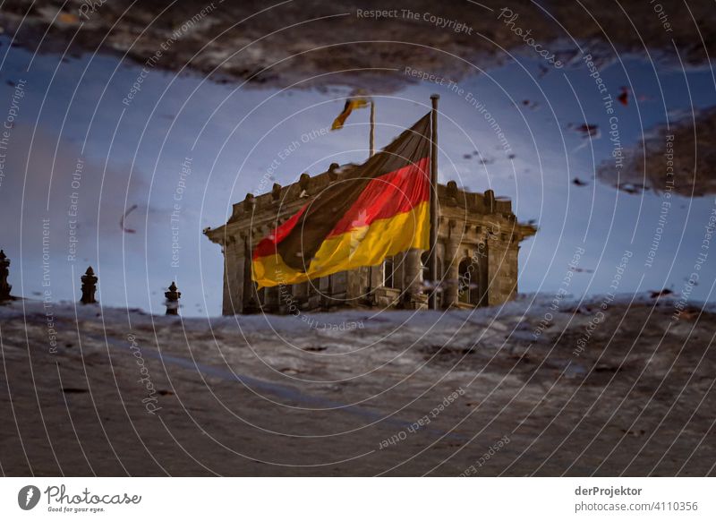 Reichstag in the reflection of a puddle IV Central perspective Reflection Shadow Copy Space top Twilight Artificial light Light Copy Space right Copy Space left