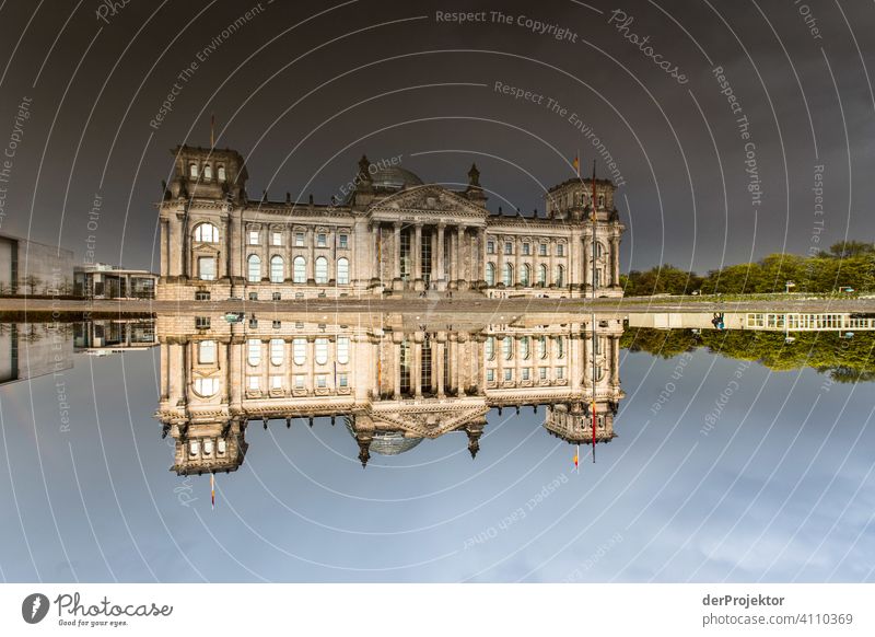 Reichstag in the reflection of a puddle II Central perspective Reflection Shadow Copy Space top Twilight Artificial light Light Copy Space right Copy Space left