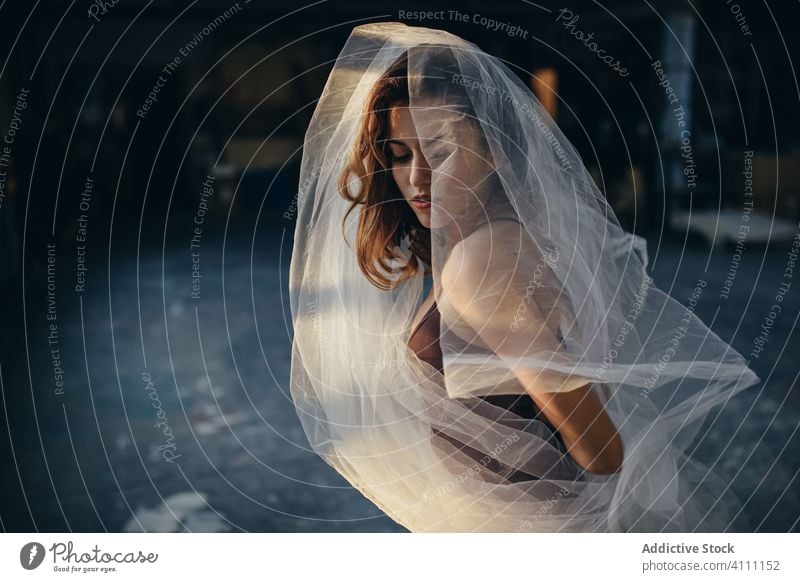 Alluring ballerina with transparent veil in studio woman dance sensual mystery ethereal grace pure art romantic slim light flexible motion tulle young female