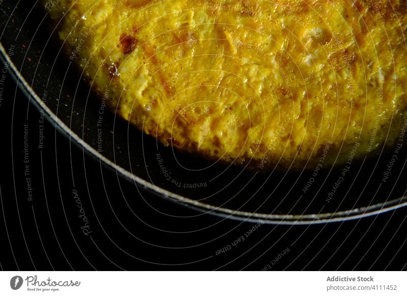Delicious omelet on metal pan spanish fry oil egg food meal cook delicious cuisine prepare dinner culinary tasty dish lunch tradition spice homemade recipe