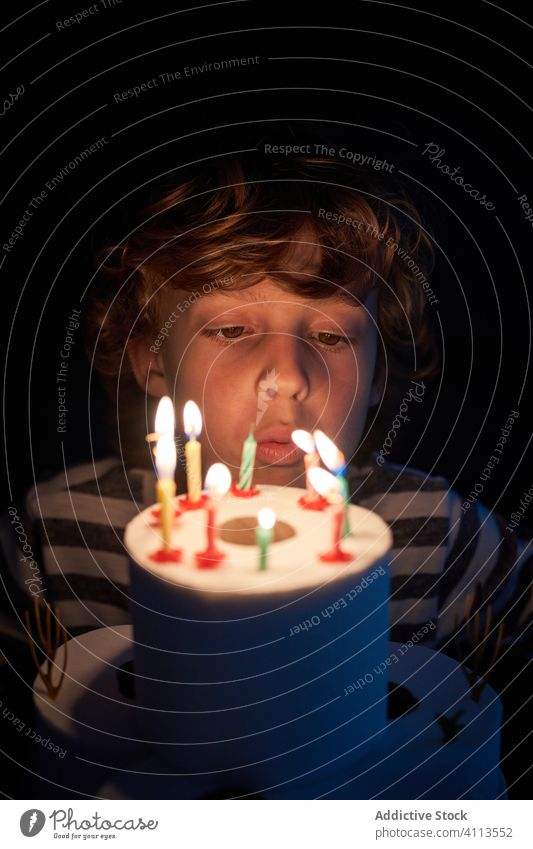 blond boy blowing out the candles background sign emotion greeting flame party anniversary illustration cake fun holiday birth enjoyment stripes child vintage