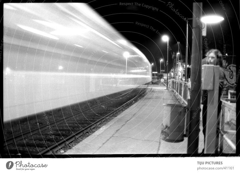 Train Platform Railroad Speed Long exposure Black & white photo too missed