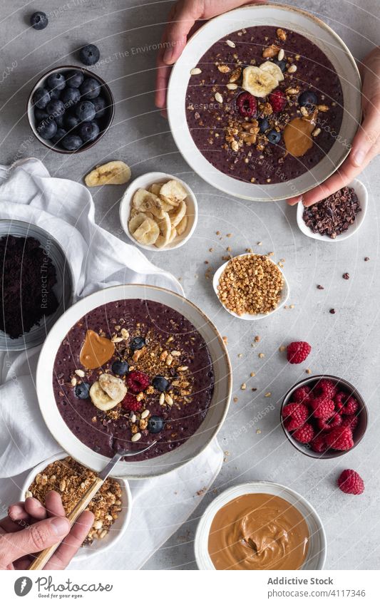 Healthy acai bowls with ingredients healthy food super food smoothie breakfast natural nutrition recipe berry power energy granola fresh organic morning fruit