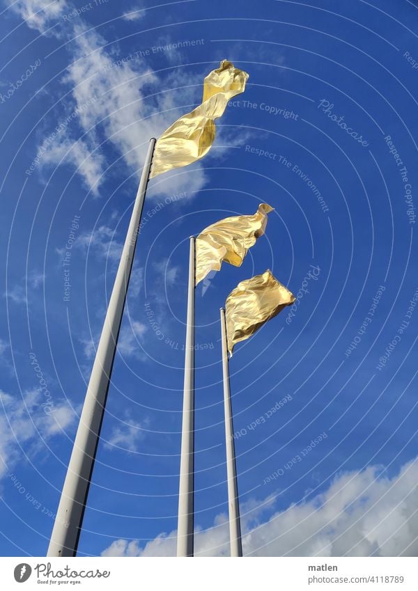 Golden Banner Flag flag Pole golden Blow Sky Clouds Wind Flagpole Exterior shot Judder Deserted