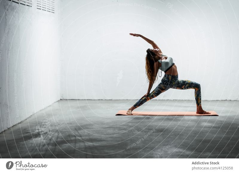 Vector of silhouette young Woman.Viparita Virabhadrasana, Reverse Warrior  yoga pose. Girl doing exercise, meditation, aerobic. Body, mind and soul  balance. Emotion connection. Flat sketch illustration Stock Vector | Adobe  Stock